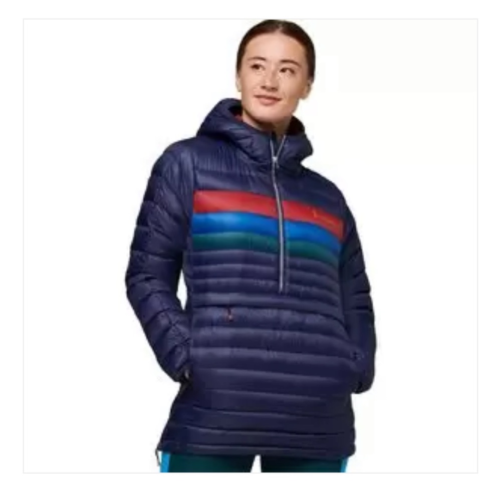 Cotopaxi Navy Puffer Hoodie with Red, Blue & Green Chest Stripes